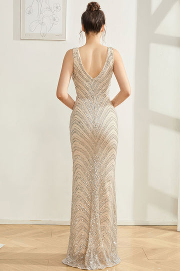 Sparkly Silver Mermaid V hals lang gallakjole